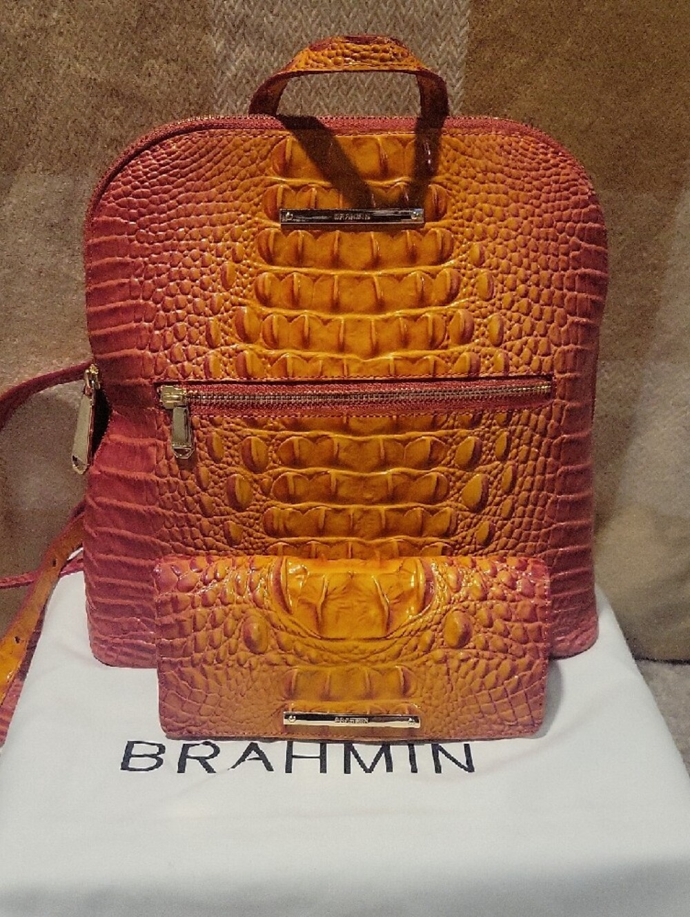 Brahmin Two-Tone Amber and Brick Croc-Embossed Leather Backpack - Picture 3 of 3
